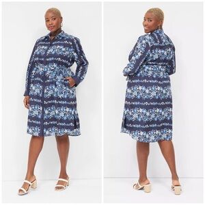 Lane Bryant Long-Sleeve Belted Midi Shirt Dress Blue Floral Size 16.